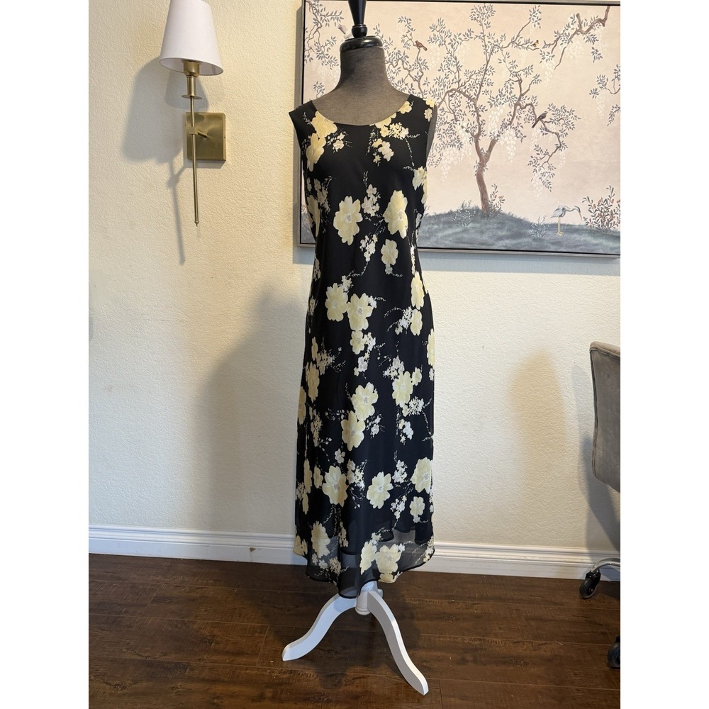 Studio I Black Yellow‎ Floral Vintage Midi Sheath Dress Scoop Neck Sleeveless 16